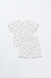 Sienna Rose short sleeve baby set in Creamy Buquet floral pattern, soft cream color summer outfit for babies by Avauma